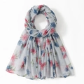 Detailed texture of lightweight voile scarf with floral prints in soft blue and pink - 4# Blue Pink