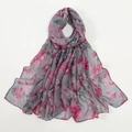 Detail of floral printed voile scarf showing elegant pink flowers on grey lightweight fabric - Grey (3#)