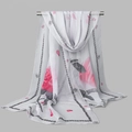 Lightweight georgette scarf with red roses and vintage floral borders for women - 160x50cm / Grey Rose
