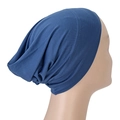 Blue modal slouchy inner hijab cap with elastic double stitching on a mannequin head - One Size / Denim Blue