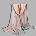Floral chiffon scarf in peach pink with navy blue borders and elegant lotus print - 160x50cm / Peach Pink