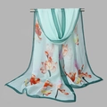 Mint green georgette silk scarf with orange floral pattern for beach sun protection - 160x50cm / Aqua Lotus