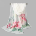 Elegant white georgette silk scarf featuring pink lotus and green leaf ink painting - 160x50cm / Light Yellow Lotus