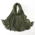 Detailed view of dark green pleated cotton shawl with delicate fringe tassels - Army Green / 180cm x 70cm