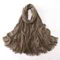 Deep brown textured hijab featuring fine vertical pleats and soft frayed fringe edges - Khaki / 180cm x 70cm