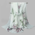 Blue georgette scarf with pink cherry blossoms and ink landscape art pattern - 160x50cm / Ink Green