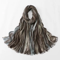 Detailed close-up of gradient stripes on a wrinkled cotton scarf with soft fringe - Coffee Gray Blue (7#)