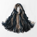 Detailed view of tie-dye gradient pleated scarf with fringed edges and crinkled texture - Navy Blue and Khaki (6#)