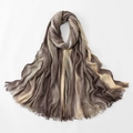 Close-up of brown gradient crinkled cotton scarf featuring delicate fringe edges and texture - Coffee Apricot (5#)