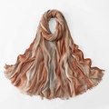 Detailed view of pleated cotton scarf featuring gradient stripes and fringed edges - Orange Brown Gray (4#)
