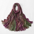 Detail view of rainbow tie-dye pleated scarf featuring purple gradients and fringe edges - Rose Red and Dark Green (2#)
