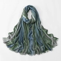 Detail of pleated texture and rainbow gradient stripes on lightweight women shawl - Dark Green and Deep Blue (3#)