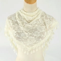 Elegant cream lace triangle shawl with floral rose patterns and teardrop fringe detail - 17# Beige