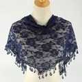Navy blue lace triangle scarf with rose patterns and elegant teardrop fringe details - 18# Navy Blue