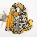 Fashion leopard print cotton linen shawl with yellow color block and fringe edges - 1# Ginger Yellow Patchwork Leopard / 180-90cm