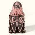 Pink floral lace embroidered triangle scarf bandana for women with delicate wavy edges - Vintage Floral Embroidery Wave Edge Style (VS769-7) / Snow Bud