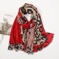 Red and beige leopard print cotton linen shawl with fringe tassels and soft texture - 2# Red Patchwork Leopard / 180-90cm