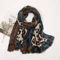 Fashion leopard print cotton linen scarf with fringe and color block design for women - 3# Navy Blue Patchwork Leopard / 180-90cm