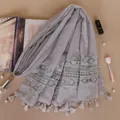 Elegant light gray tie-dye scarf with lace embroidery and tassels for autumn winter - Gray