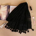 Elegant black lace pashmina shawl with embroidery, tassels and hollow lace detailing - Black