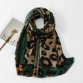 Green and brown leopard print cotton linen scarf with elegant fringe edge details - 5# Dark Green Patchwork Leopard / 180-90cm