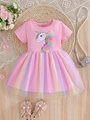 Rosa Mädchen Einhorn Prinzessinnenkleid mit Regenbogen Tüllrock und Kurzarm - Rosa / 90cm (Alter 1-2)