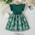 Mädchenkleid mit Rüschenärmeln, dunkelgrünem Oberteil und Blumen-Netzrock - 90cm / Dunkelgrün