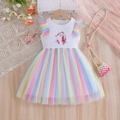 Kurzärmeliges Mädchenkleid mit Einhorndruck und mehrfarbigem, gestuftem Regenbogen-Tüll - Rosa Regenbogenstil / 140cm
