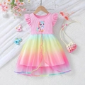 Pink unicorn dress for girls with flutter sleeves and rainbow gradient tulle skirt - 90cm / Pink