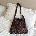 Large capacity corduroy tote bag featuring a classic brown leopard print and wide shoulder strap - Brown Leopard
