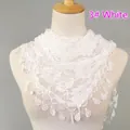 Elegant white lace shawl with hollow rose patterns and droplet pendant edge detail - White