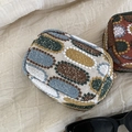 Mini cotton linen coin purse with colorful oval embroidery and gold zipper detail - Off White