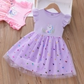 Lavender girls dress with unicorn applique and mesh skirt with colorful sequins - 90 / Purple