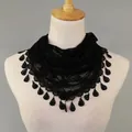 Black lace triangle scarf for women with hollow rose patterns and drop fringe detail - 12# Black