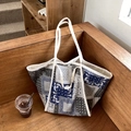 Bolso tote de lona vintage de gran capacidad con diseño de retazos de cachemira. - Azul