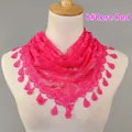 Elegant rose red triangle lace scarf with floral patterns and teardrop pendants - Rose Red
