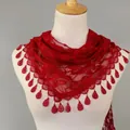 Lace triangle scarf in wine red with rose floral texture and teardrop tassel trim - Wine Red