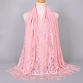 Elegant long pink lace shawl with hollow flower patterns and tassel fringe detail - Pink