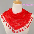Lace crochet triangle scarf in bright red finish with teardrop tassel edging - Red