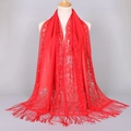 Vibrant red lace shawl with hollow floral patterns and fringe details for formal wear - Red