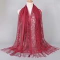 Long burgundy lace shawl with hollow out patterns and tassels for women - Burgundy