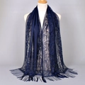 Navy blue lace shawl with vintage floral patterns and fringe details for women - Navy Blue