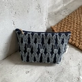Dark blue embroidered cotton cosmetic bag with white rabbit patterns and zipper closure - Dark Blue