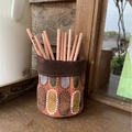 Embroidered cotton linen pencil holder in orange with geometric patterns and canvas trim - Brick Red Oval