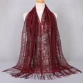 Deep burgundy long scarf for women with hollow floral lace pattern and long tassels - Dark Red