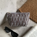 Dark brown cotton linen makeup bag with embroidered rabbit pattern and gold zipper - Dark Brown