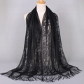 Elegant black lace long shawl with hollow pattern and fine fringe tassels for women - Black