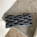 Navy blue linen glasses pouch with rabbit embroidery and zipper closure for storage - Dark Blue
