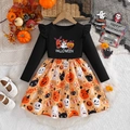 Halloween-jurk voor meisjes met lange mouwen, pompoenprint en sierlijke ruches - 100cm (3-4 jaar) / Zwart