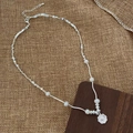 French vintage silver bead necklace with elegant white pearls and embossed round pendant - B-173 Crushed Silver Freshwater Pearl Retro Necklace